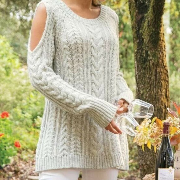 Soft Surroundings Cozy Cold Shoulder Gray Chunky Cable Knit Sweater Sz. M - Picture 1 of 2